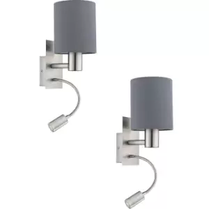 Image of 2 PACK Wall Light Colour Satin Nickel Shade Grey Fabric E27 LED 1x40W 1x3.5W