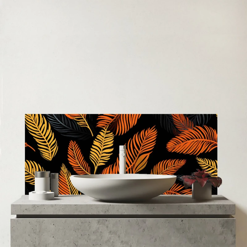 Image of Warren Reed - Designer Orange Feather Leaves Glass Bathroom Splashback Orange Unisex