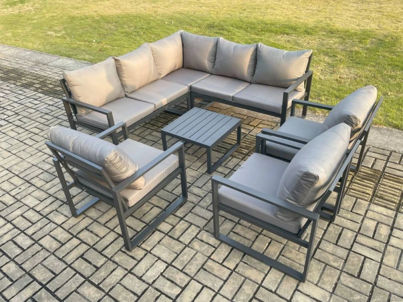 Image of Fimous 8 Seater Outdoor Aluminium Garden Furniture Set Corner Lounge Sofa Set with Square Coffee Table Chair Dark Grey Dark Grey Unisex