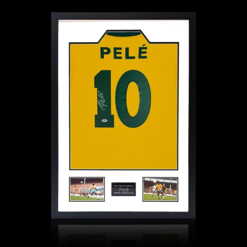 Image of The Fan Cave Pele Back Signed Brazil Shirt Premium Frame Yellow unisex 850x600mm