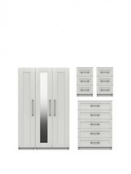 Image of Regal Package - Part Assembled 3 Door Mirrored Wardrobe, 5 Drawer Chest And 2 Bedside Chests