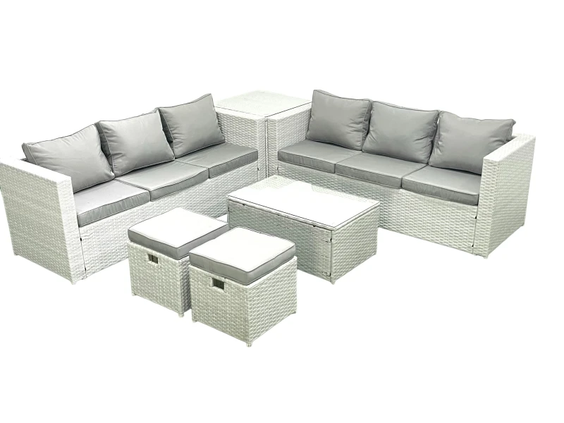 Image of Fimous Garden Outdoor PE Rattan Furniture Set 8 Seater Rattan Garden Sofa Set with 2 Small Footstool Side Table Light Grey Mixed Light Grey