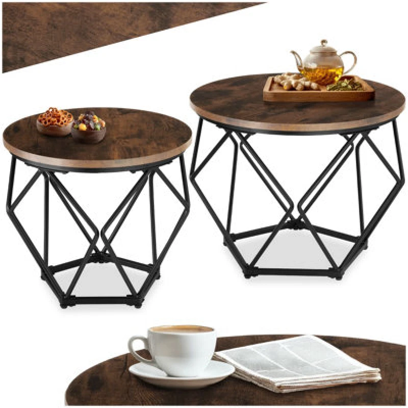 Image of Tectake Coffee Table Set 2 Piece Benham - Industrial Wood Dark, Rustic
