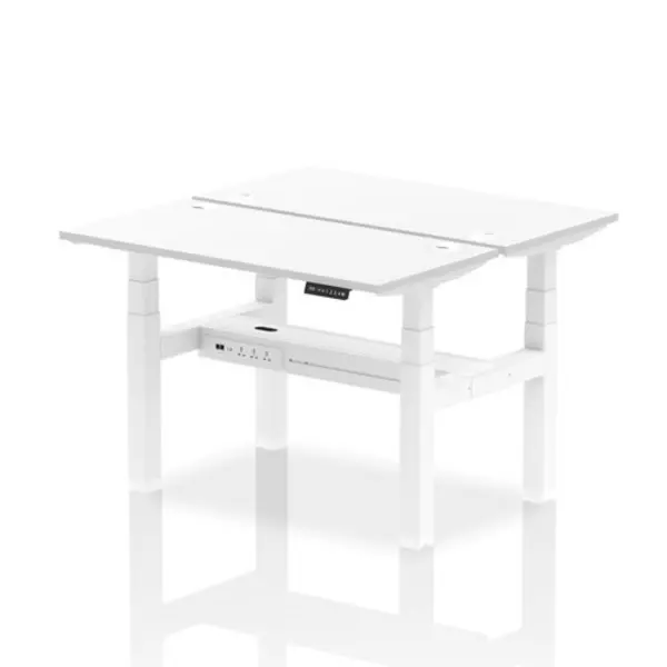 Image of Air Air Back-to-Back 1200 x 600mm Height Adjustable 2 Person Bench Desk White Top with Cable Ports White Frame HASCP2P12600WHTW