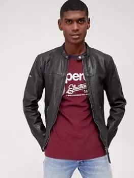Image of Superdry Heritage Racer Leather Jacket, Black, Size 2XL, Men