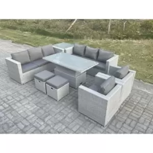 Image of Fimous 8 Seater Outdoor Rattan Dining Sofa Complete Set with Adjustable Table and 2 Stools