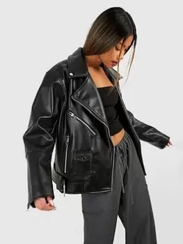 Image of Boohoo Oversized Belted Biker Jacket - Black, Size 14, Women