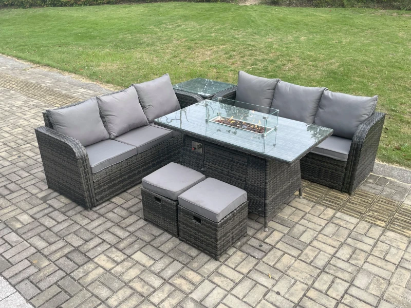 Image of Fimous Rattan Garden Furniture Set with Fire Pit Table 8 Seater Outdoor Patio Lounge Sofa Set Dark Grey Mixed Dark Grey