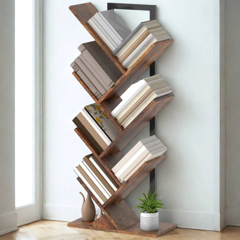 Image of FURNOS Industrial Freestanding Tree Storage Shelves Bookcase in Brown Brown Unisex