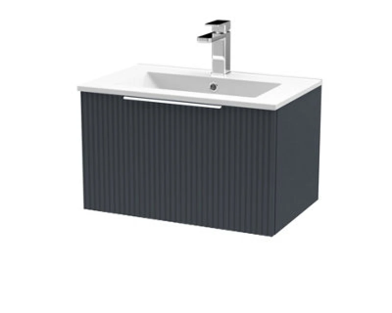 Image of HUDSON REED Hudson Reed - Fluted Wall Hung 1-Drawer Vanity Unit with Basin 2 600mm Wide - Satin Anthracite DFF1494B