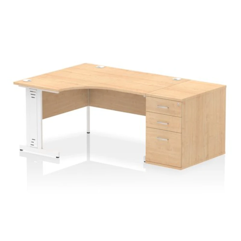 Image of Impulse Impulse 1400mm Left Crescent Office Desk Maple Top White Cable Managed Leg Workstation 800 Deep Desk High Pedestal IWSLW148WMPE
