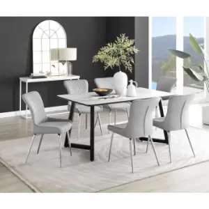 Image of Furniturebox UK - Furniturebox Carson White Marble Effect Rectangular 160cm Dining Table & 6 Light Grey Nora Silver Leg Velvet Chairs