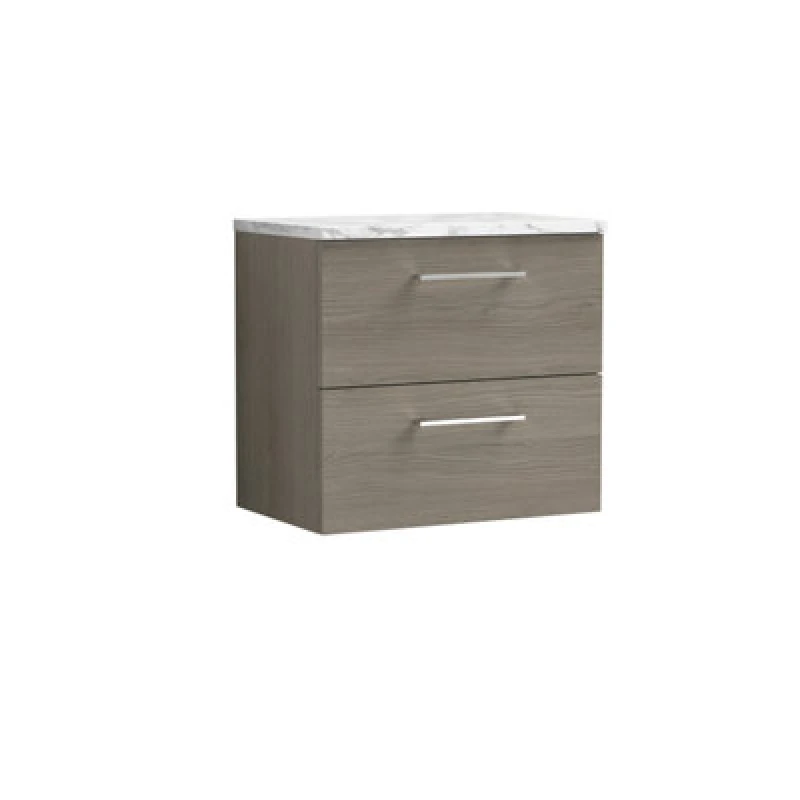Image of Nuie Arno Wall Hung 2-Drawer Modern Vanity Unit With Solace Oak Laminate Worktop, Stylish Counter Top Vanity Unit In Solace Oak