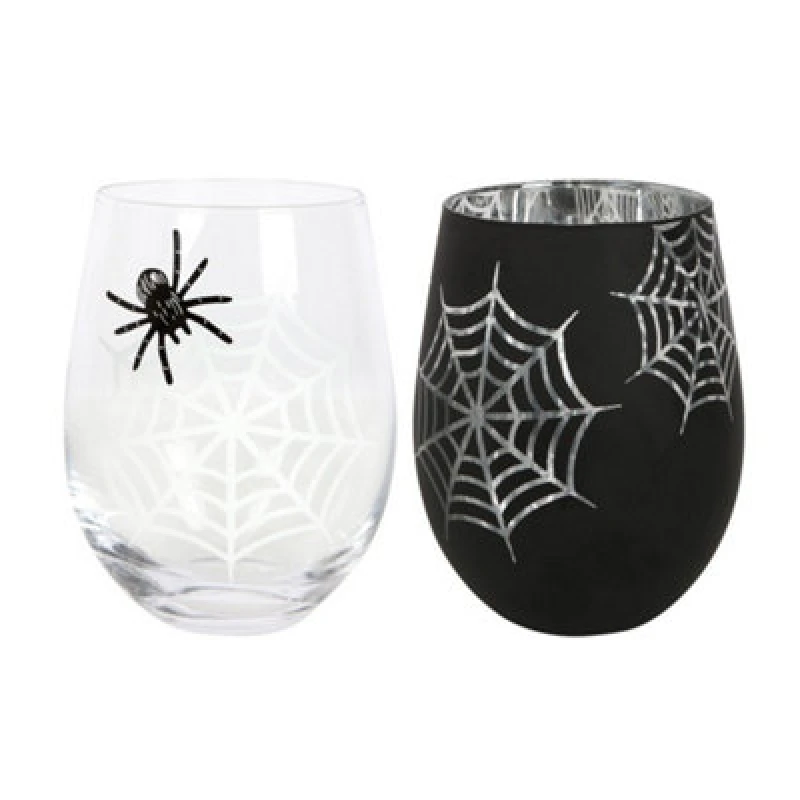 Image of Something Different Something Different Spider Web and Spider Stemless Wine Glass Pack of 2 in Black One Size Unisex 5063425793754