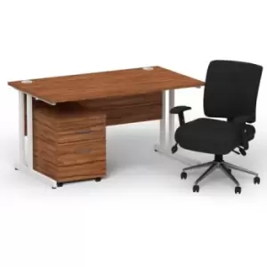 Image of Impulse 1400 x 800 White Cant Office Desk Walnut + 2 Dr Mobile Ped & Chiro Med Back Black W/Arms