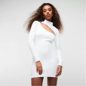 Image of Missguided Rib High Neck Cut Out Bodycon Mini Dress - White