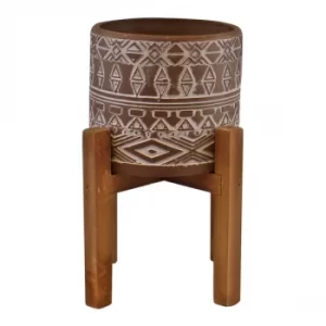 Image of Patterned Cement Planter On Wooden Base