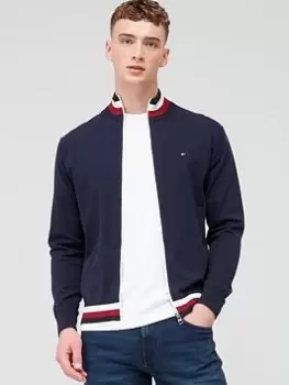Image of Tommy Hilfiger Global Stripe Detail Zip Through Cardigan - Navy
