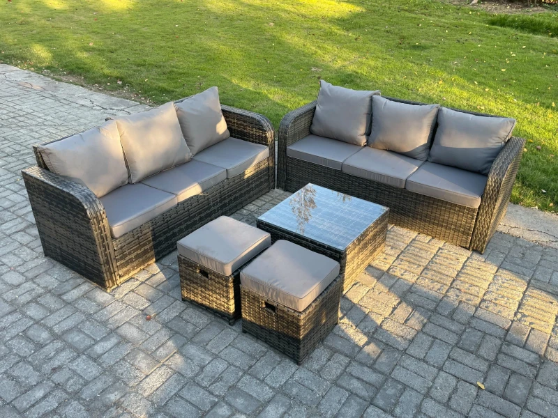 Image of Fimous Indoor Outdoor Rattan Garden Furniture 8 Seater Set Table Sofa Chair Patio Conservatory with Grey Cushions 2 Small Footstools Dark Grey unisex