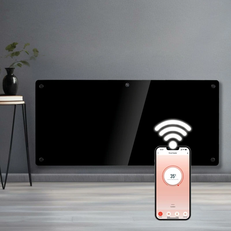 Image of Futura 2000W WIFI Glass Electric Panel Heater Radiator Black Wall Mounted Black Unisex