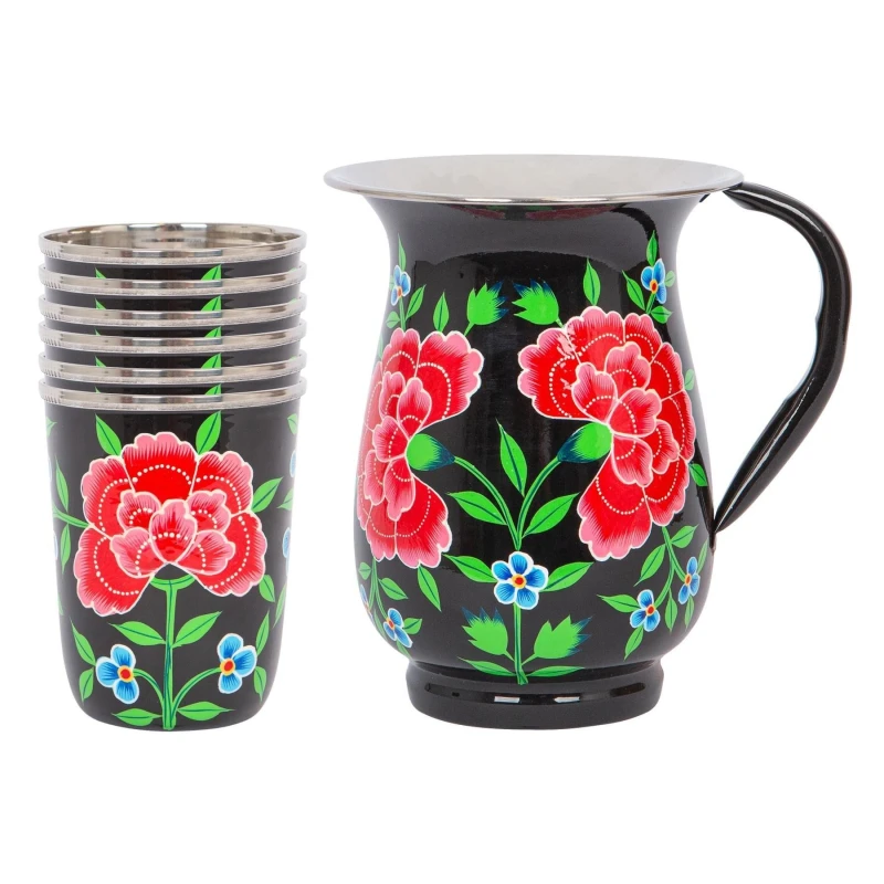 Image of Billycan Hand-Painted Picnic Water Jug With 300ml Cups - 1.7L - Carbon Peony