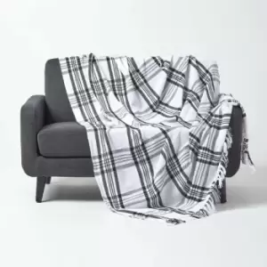 Image of White & Black Tartan Check Sofa and Bed Throw, 225 x 255cm - White - Homescapes
