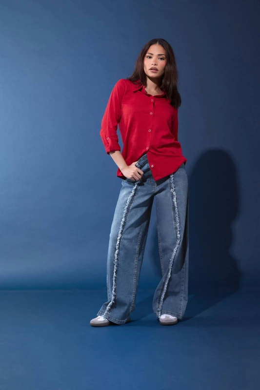 Image of PixieGirl Womens Petite Frayed Seam Wide Leg Jeans in Mid Blue Size: 18S Mid Blue Female 18S