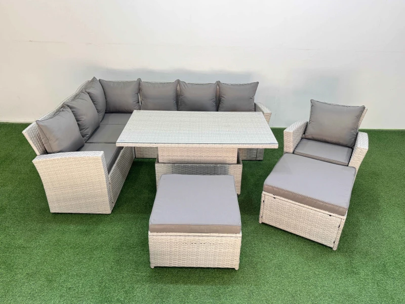 Image of Fimous 9 Seat Garden Furniture Corner Sofa with 2 Big Footstools Light Grey Light Grey Unisex