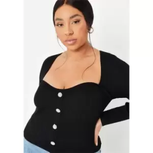 Image of Missguided Sweetheart Diamante Button Ls Top - Black