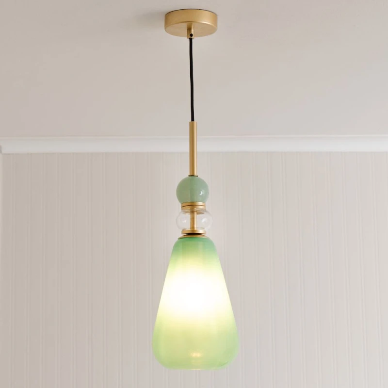 Image of ValueLights ValueLights Anastasia Green Glass Stack Gold Detail Ceiling Pendant Light and Bulb Green One Size Unisex 5059406066429
