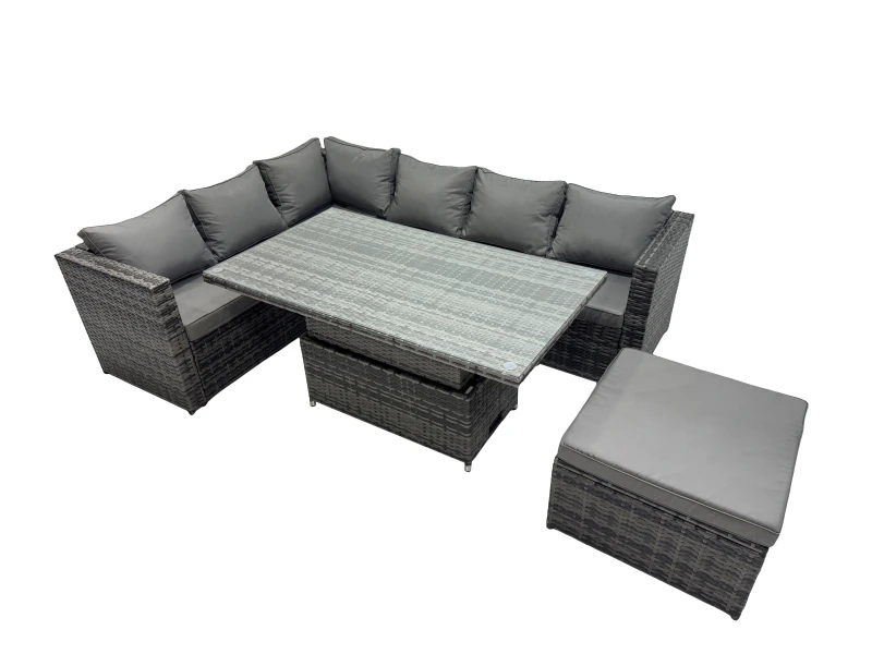 Image of Fimous 7-seater Rattan Garden Furniture Dining Set with Big Stool in Dark Grey Dark Grey Unisex