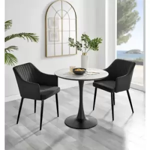 Image of Furniturebox UK - Furniturebox Elina White Marble Effect Modern 80cm Round Dining Table & 2 Black Calla Black Leg Velvet Chairs