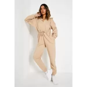 Image of I Saw It First Reclaim Sustainable Staples Embroidered Hooded Jumpsuit - Brown