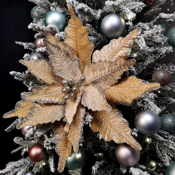 Image of 68cm Champagne Gold Velvet Poinsettia Stem Christmas Decoration