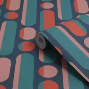 Image of Envy Morse Coral & Navy Geometric Smooth Wallpaper