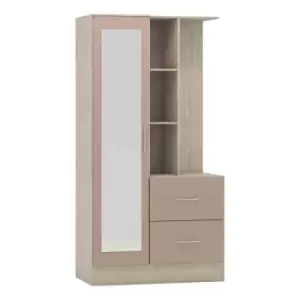Image of Seconique Nevada Mirrored Open Shelf Wardrobe - Oyster Gloss/Light Oak Effect Veneer