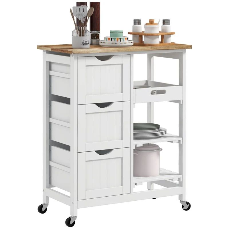 Image of HOMCOM HOMCOM Compact Bar Serving Cart Compact Trolley with Wood Top and Drawers in White White One Size Unisex 5056725539306