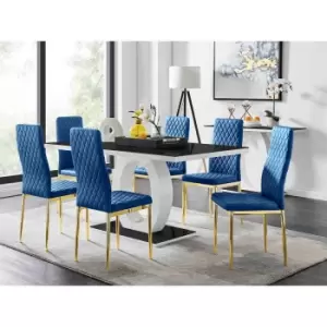 Image of Furniture Box Giovani 6 Black Dining Table and 6 Navy Velvet Milan Gold Leg Chairs