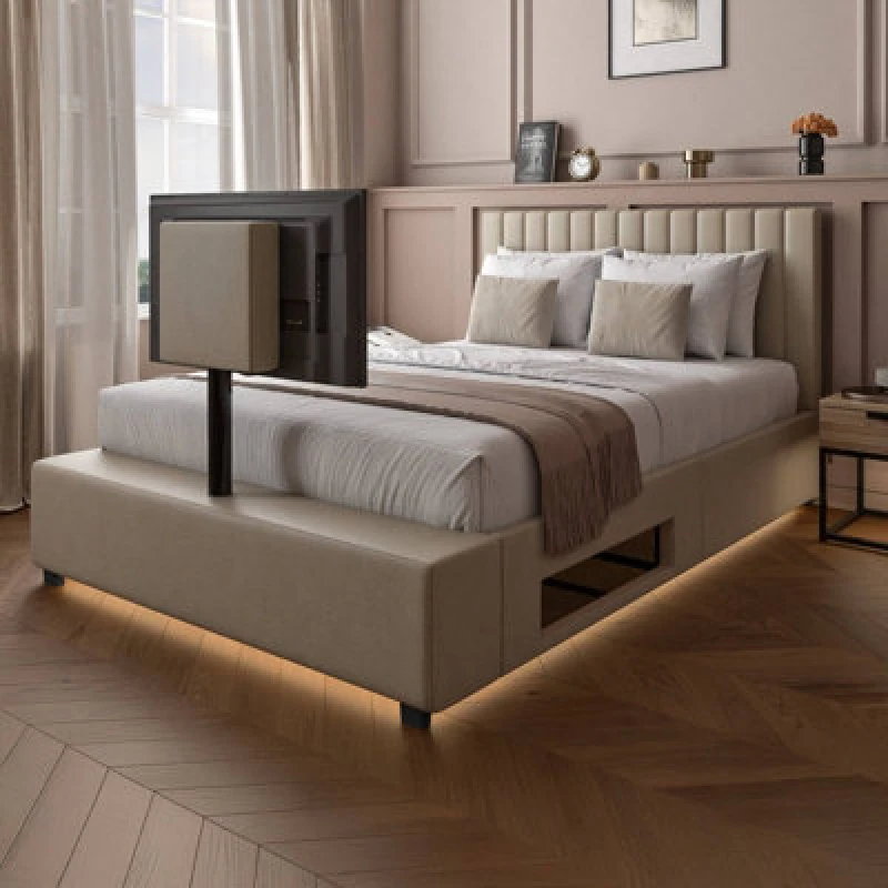Image of X Rocker Maisie Velvet Ottoman TV Bed with LED Lighting Beige