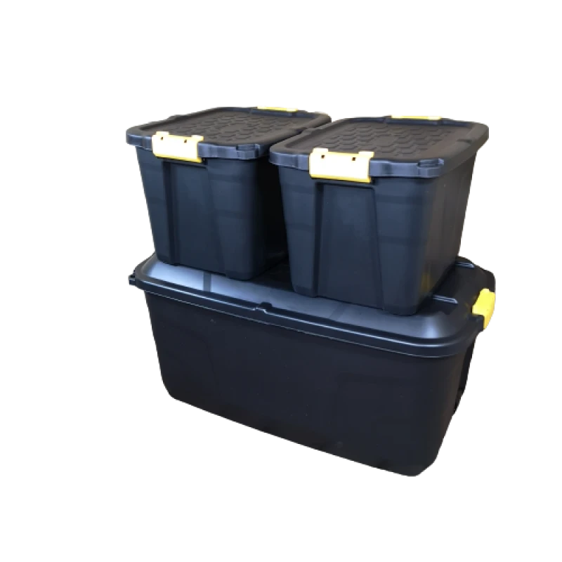 Image of 1 x 145L AND 2 x 60L Heavy Duty Trunks 1 on Wheels Sturdy, Lockable, Stackable and Nestable Design Storage Chest with Clips in Black