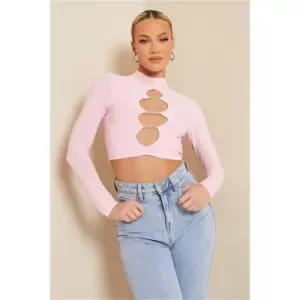 Image of I Saw It First Baby Pink Slinky Long Sleeve High Neck Chain Detail Crop Top - Pink