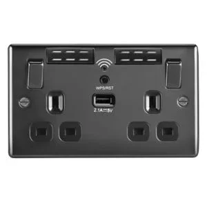 Image of Bg Black Nickel 13A Raised Slim Switched Double WiFi Extender Socket With Usb