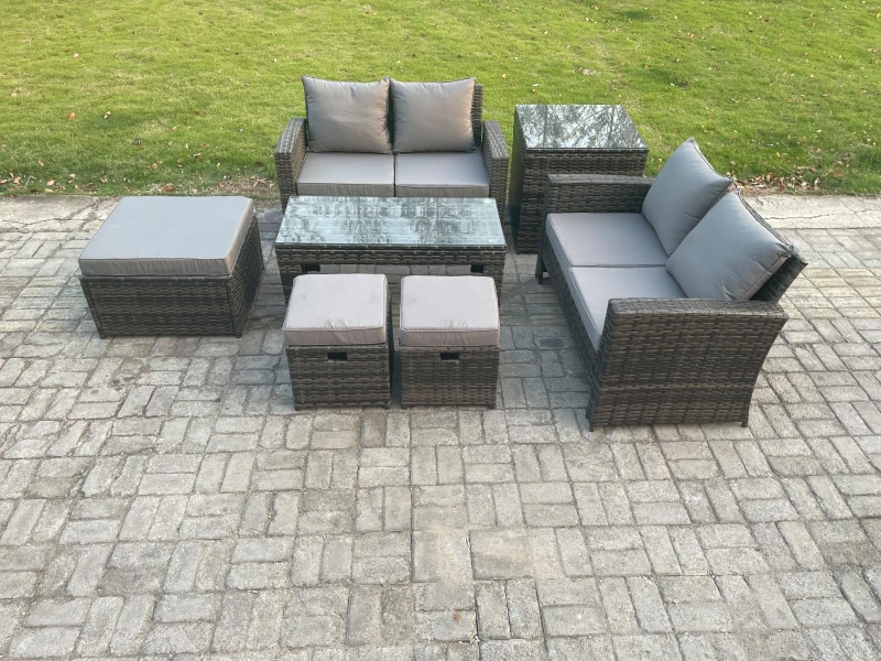 Image of Fimous 7 Seater High Back Rattan Garden Furniture Sofa Sets with Rectangular Coffee Table Side Table 3 Footstools Loveseat Sofa Dark Grey Mixed Dark G
