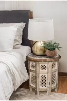 Image of Antique Effect Round Carved Wooden Bedside End Table 38 x 38 x 38 cm