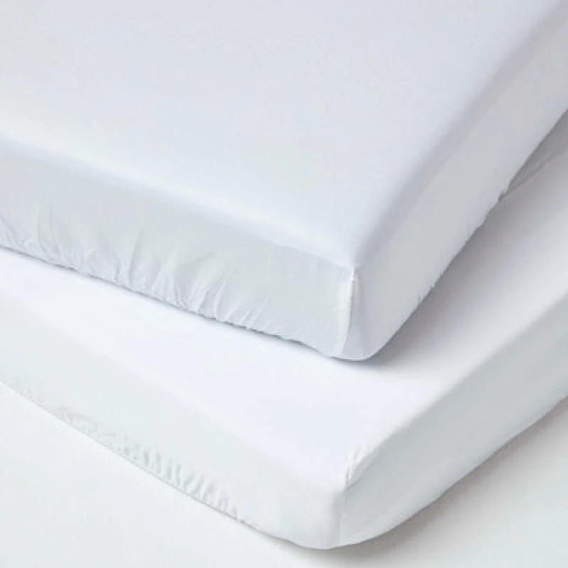 Image of Homescapes White Organic Cotton Cot Bed Fitted Sheets 400 Thread Count, 2 Pack