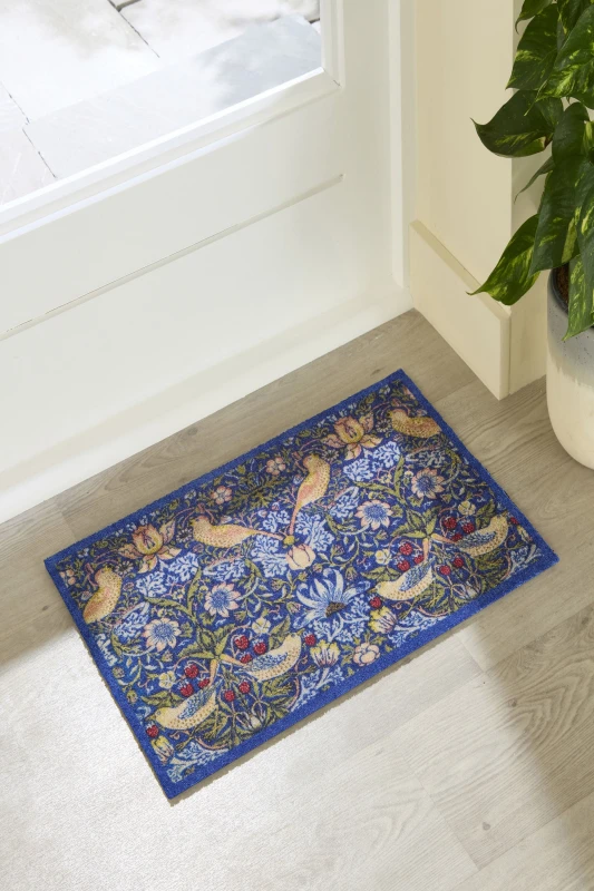 Image of Artsy Mats William Morris Strawberry Thief Indoor Washable Doormat 60x40cm in Blue Size: 40cm x 60cm Blue Unisex 40cm x 60 cm