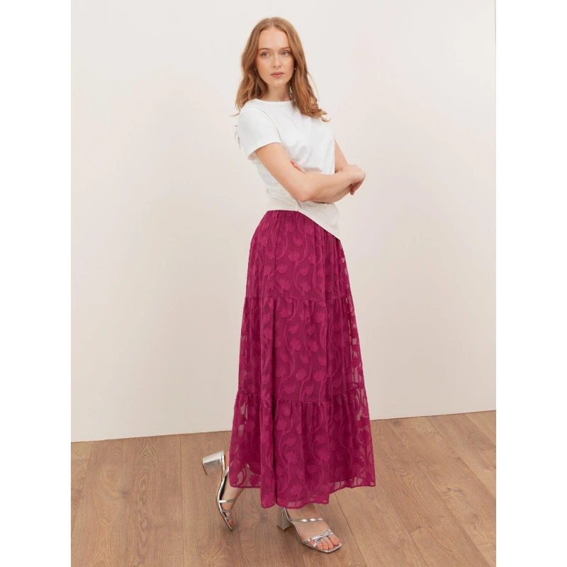 Image of Lovedrobe Lovedrobe Fuchsia Floral Burnout Tiered Maxi Skirt Fuchsia female 14 (L)