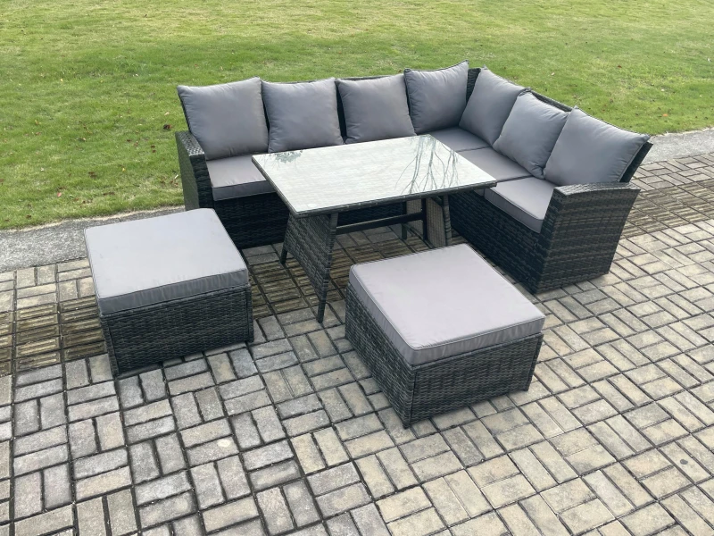 Image of Fimous Outdoor Furniture Garden Dining Set Rattan Corner Sofa Set Rectangular Dining Table with Temper Glass 2 Big Footstool in Dark Grey Dark Grey Un
