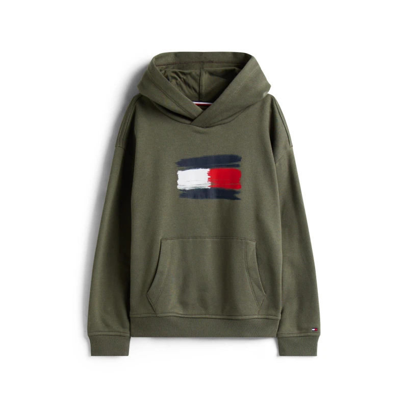 Image of Tommy Hilfiger Kids Flag Pull Over Hoodie Pewter Green male 12Y