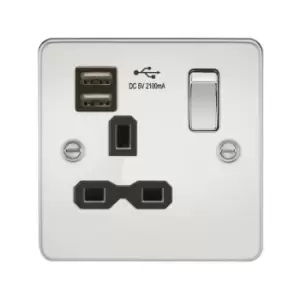 Image of Flat plate 13A 1G switched socket with dual usb charger (2.1A) - polished chrome with Black insert - Knightsbridge